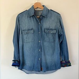 Jen’s Pirate Booty Distressed Denim Button Front Embroidered Flip-Cuff Shirt